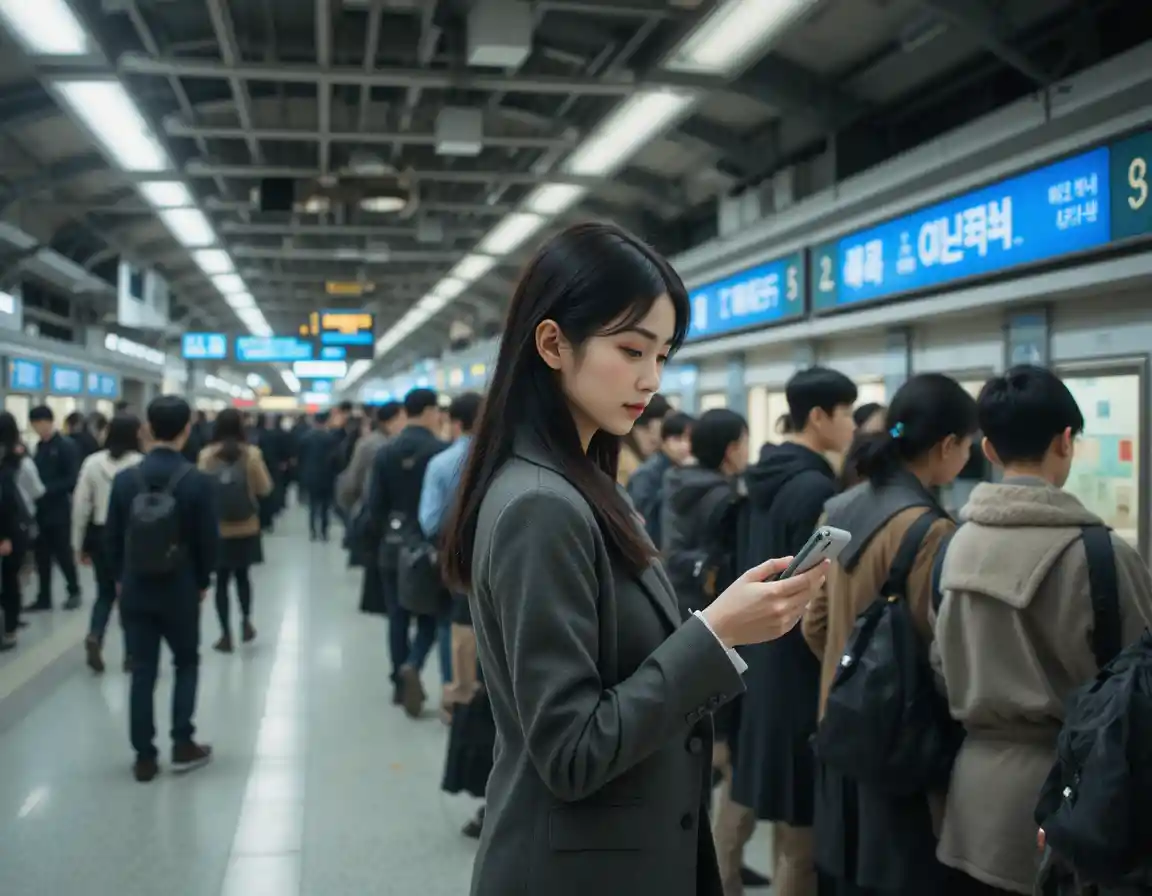 Young woman waiting in line at a Seoul train station