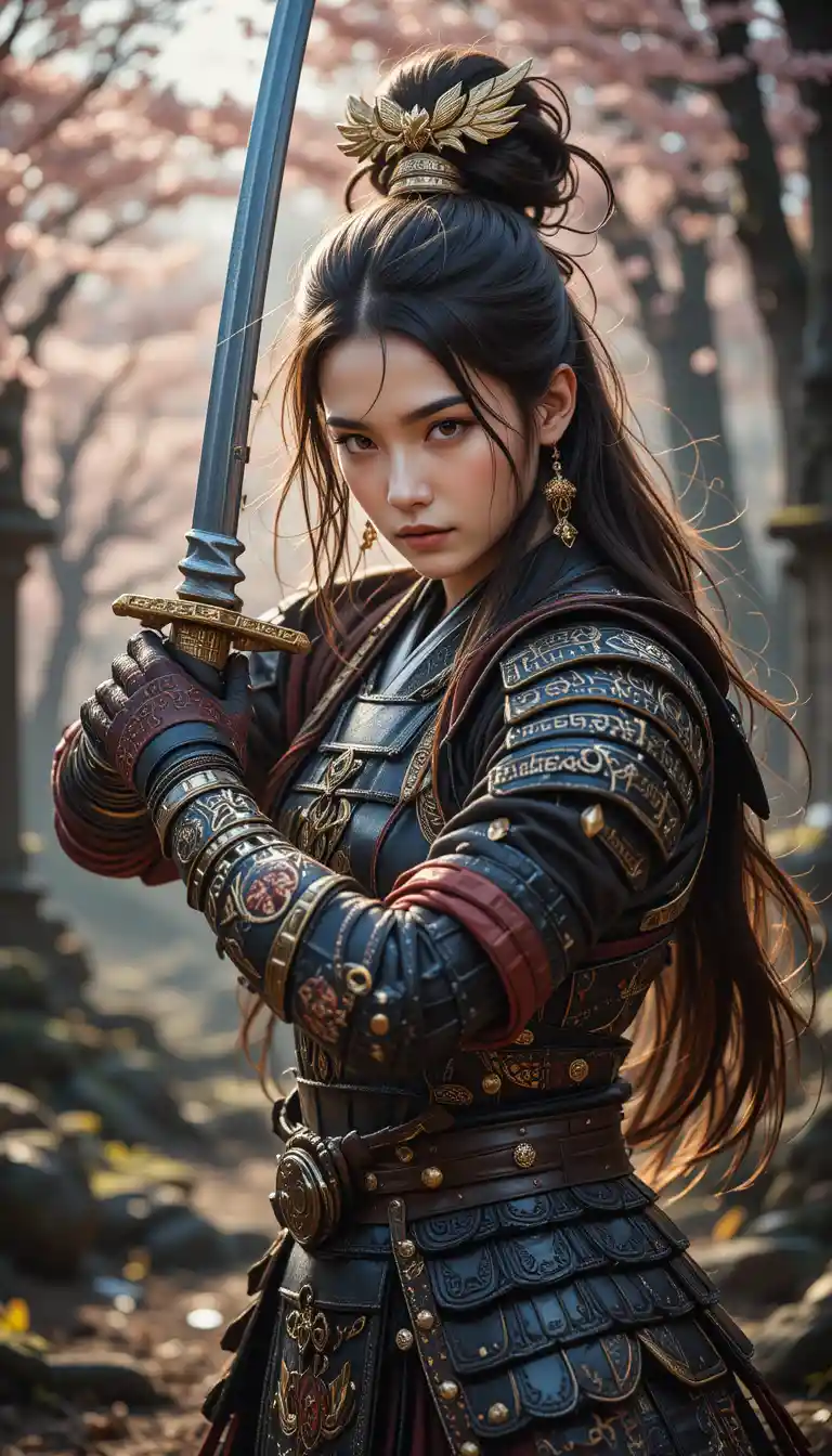Fierce female warrior in samurai armor in mystic forest