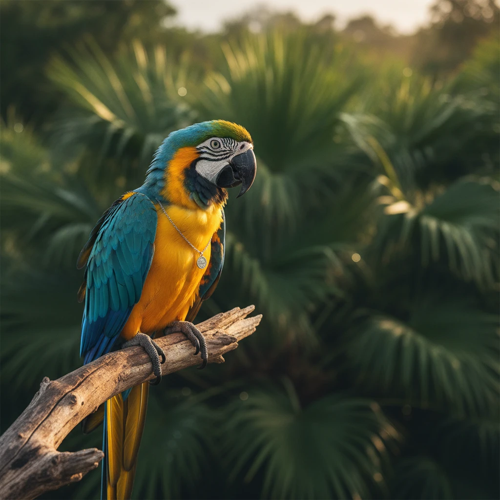 Arara azul e amarela em um galho entre folhagem exuberante