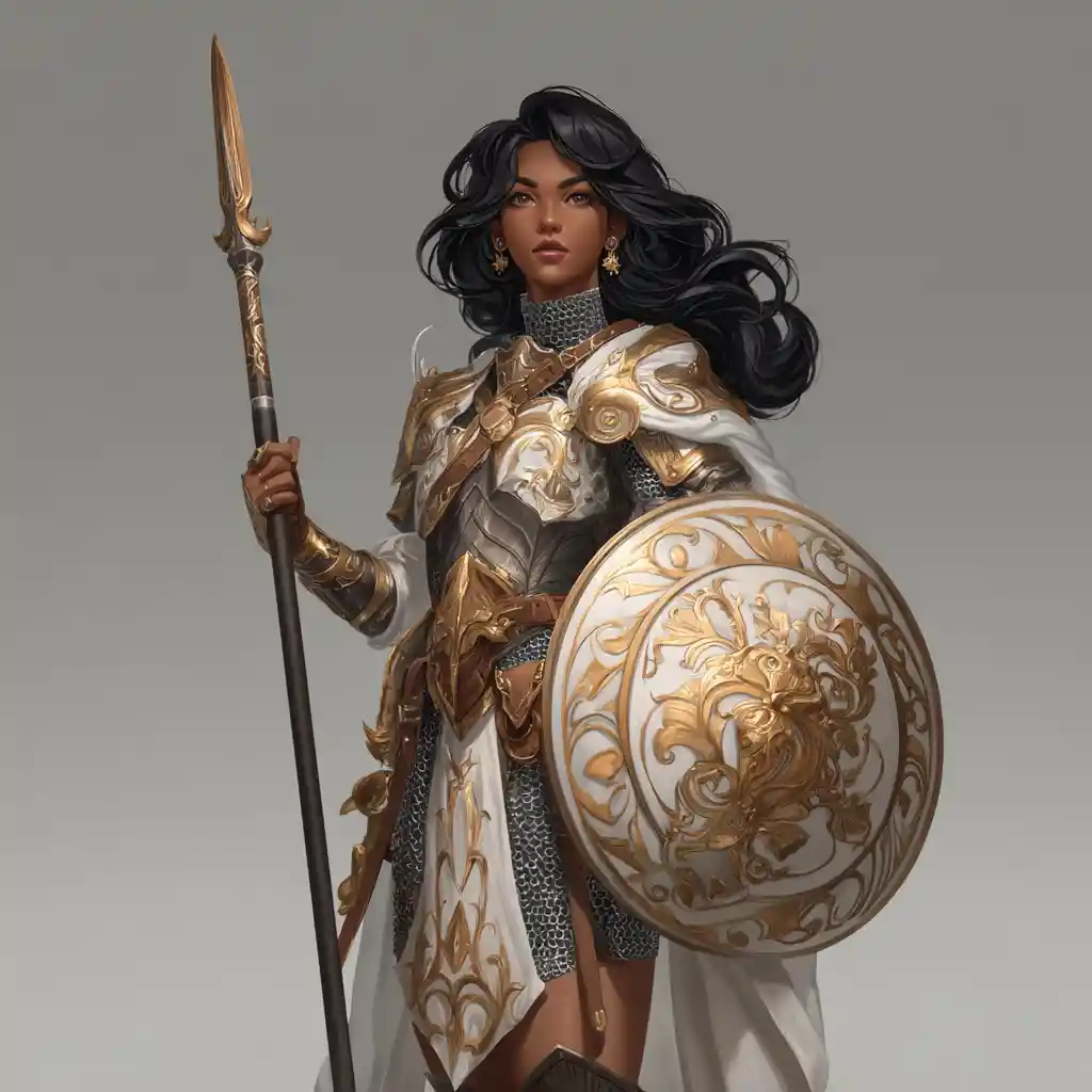 Tanned cleric with spear and shield in celestial light