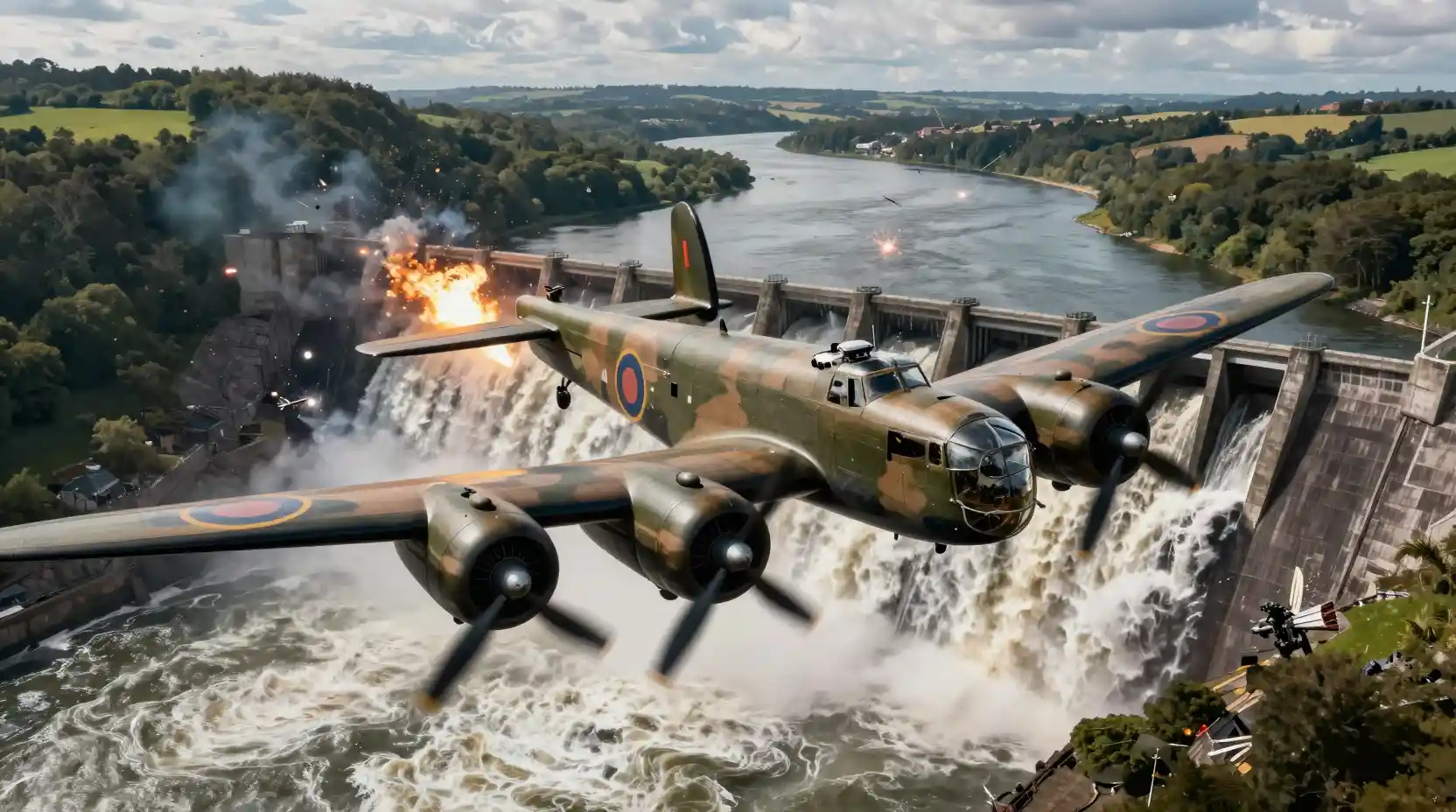 Low flying bomber skimming a dam amid crashing water