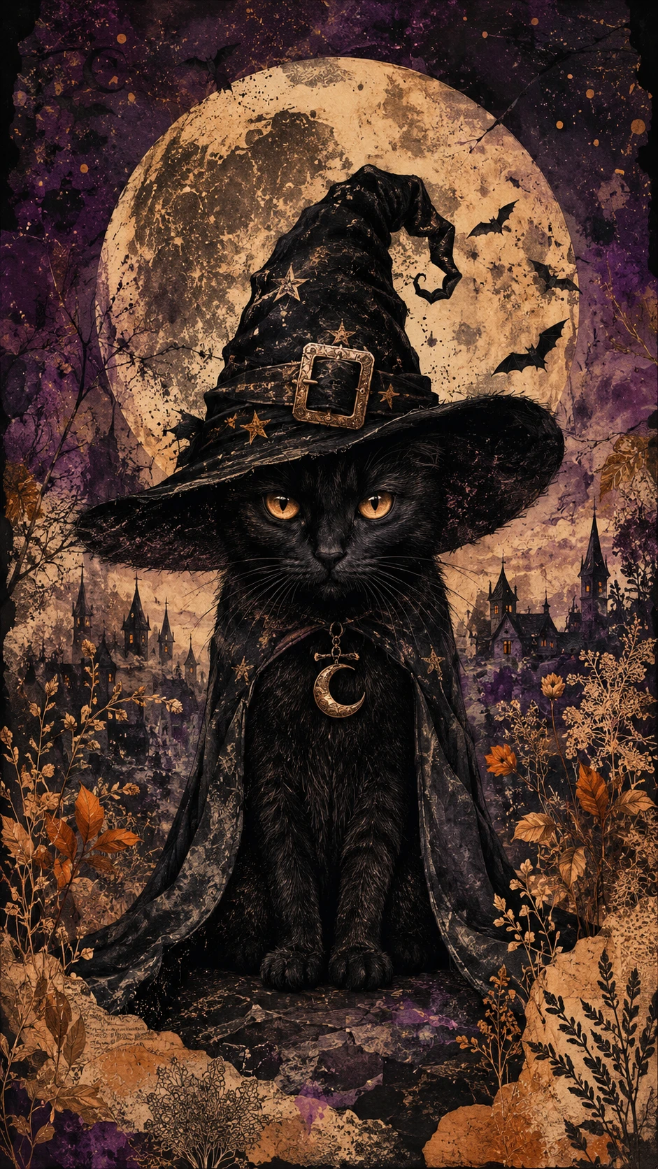 Black cat sorcerer with moonlit gothic village backdrop