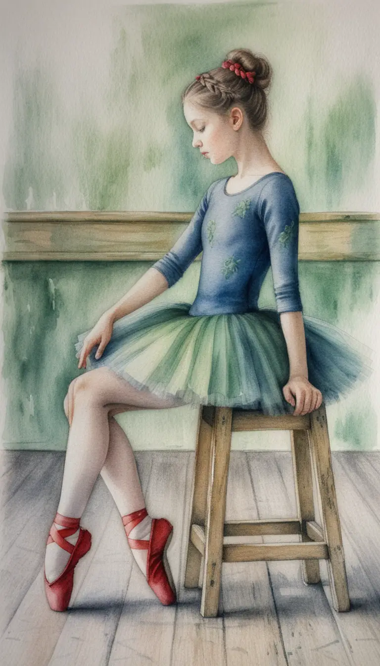 Junge Ballerina, die nachdenklich auf einem abgenutzten Holzschemel ruht