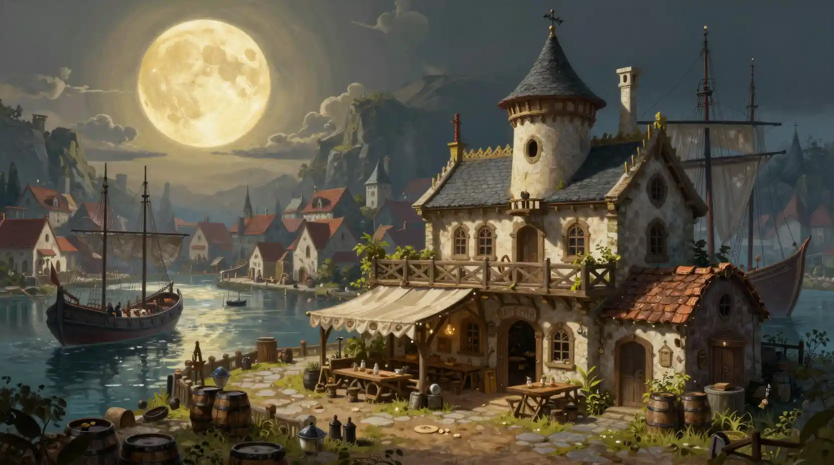 Surreal harbor tavern beside a ship under full moon