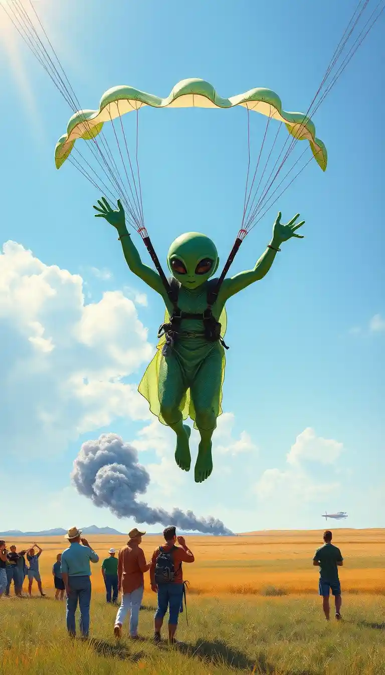 Alien parachutist landing softly in a sunny open field
