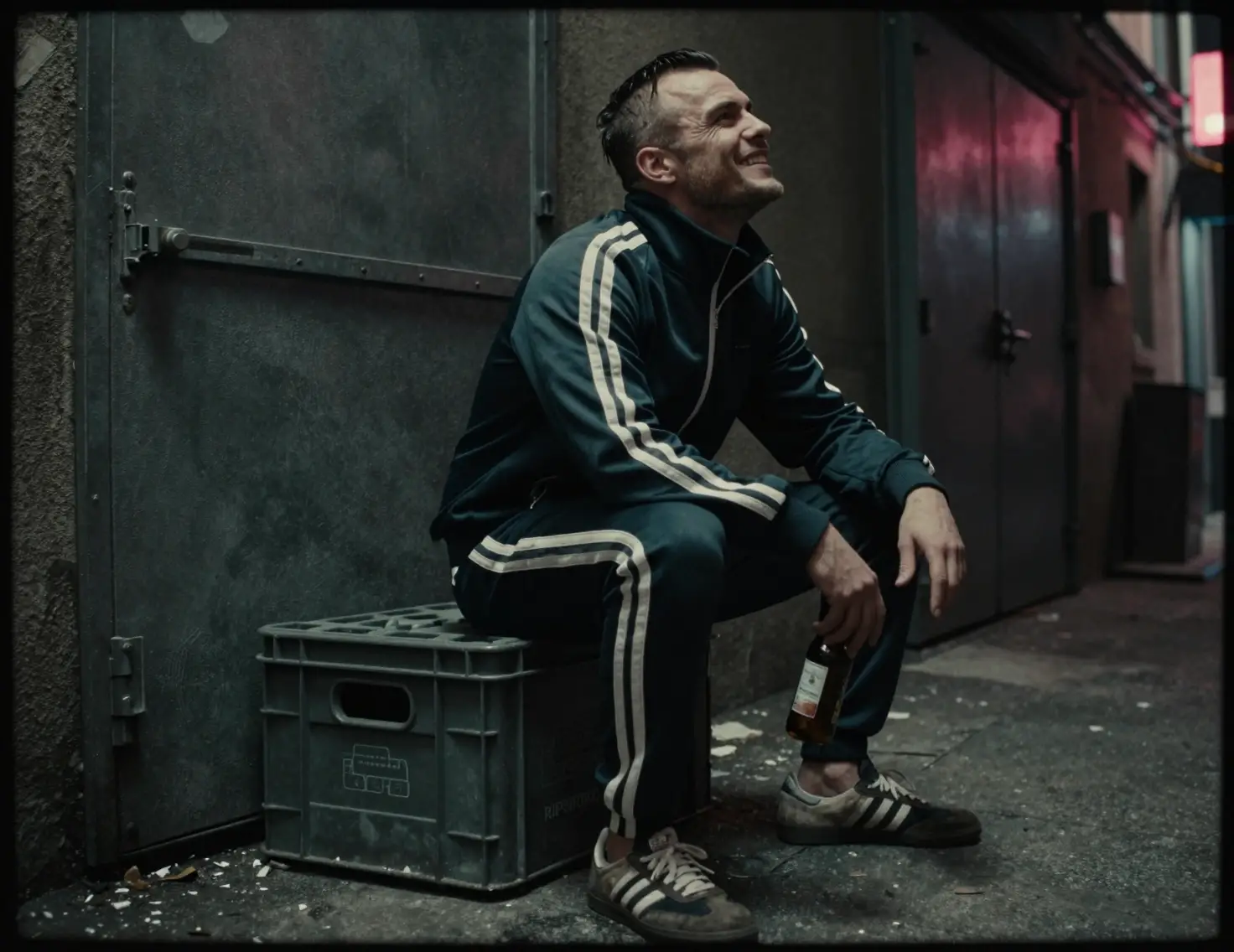 Sinister man squatting on ammo crate in neon alley