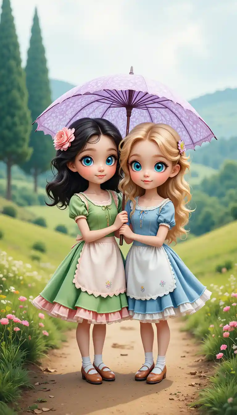 Two young girls under a lace umbrella on a country path