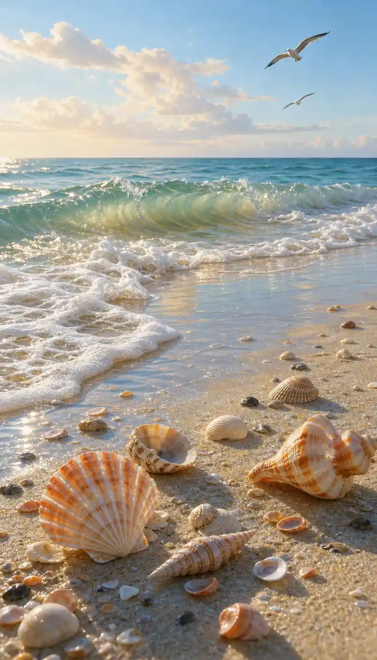Sunlit seashells on wet sand by gentle turquoise waves