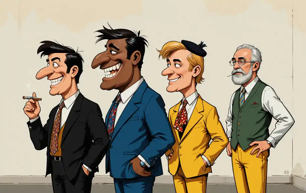 Cartoon group of four caricatured men in profile