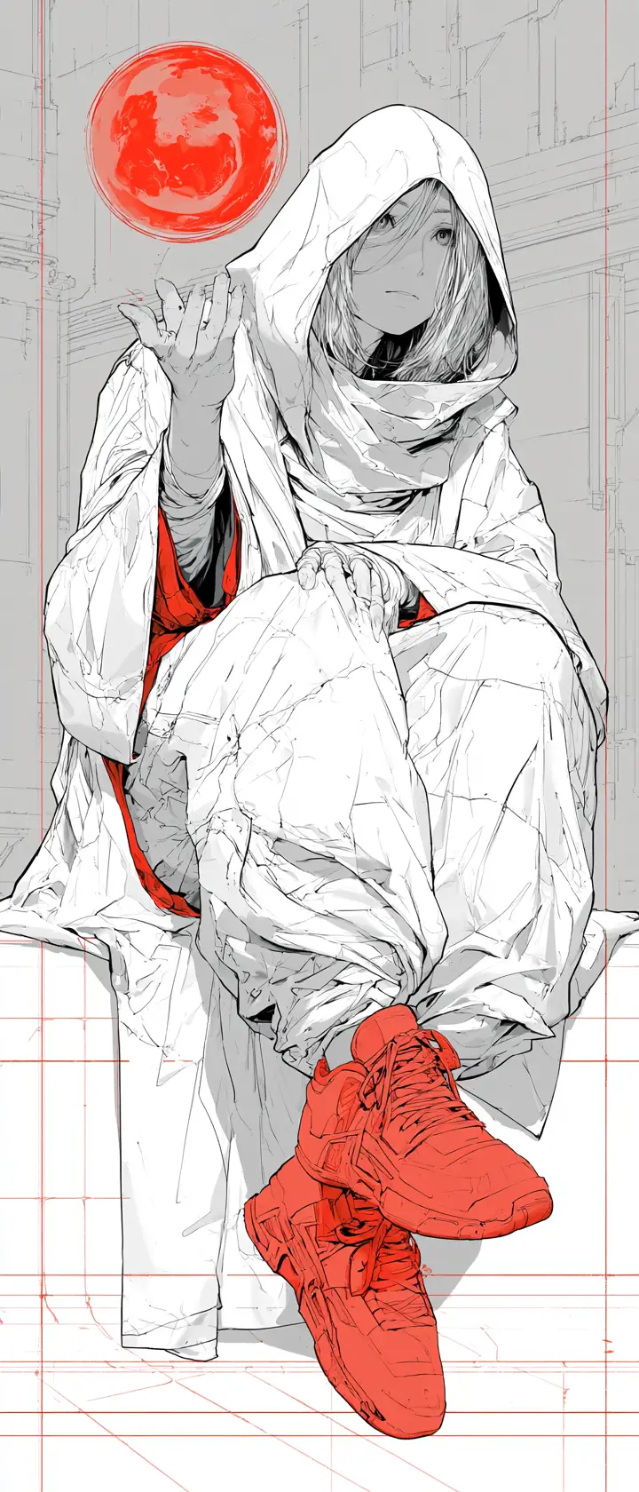 Anime mage in white cloak with glowing red energy orb