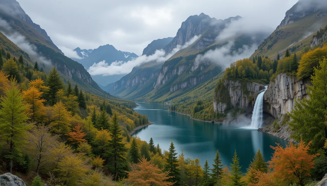 Majestic mountain rising over misty forest and lake