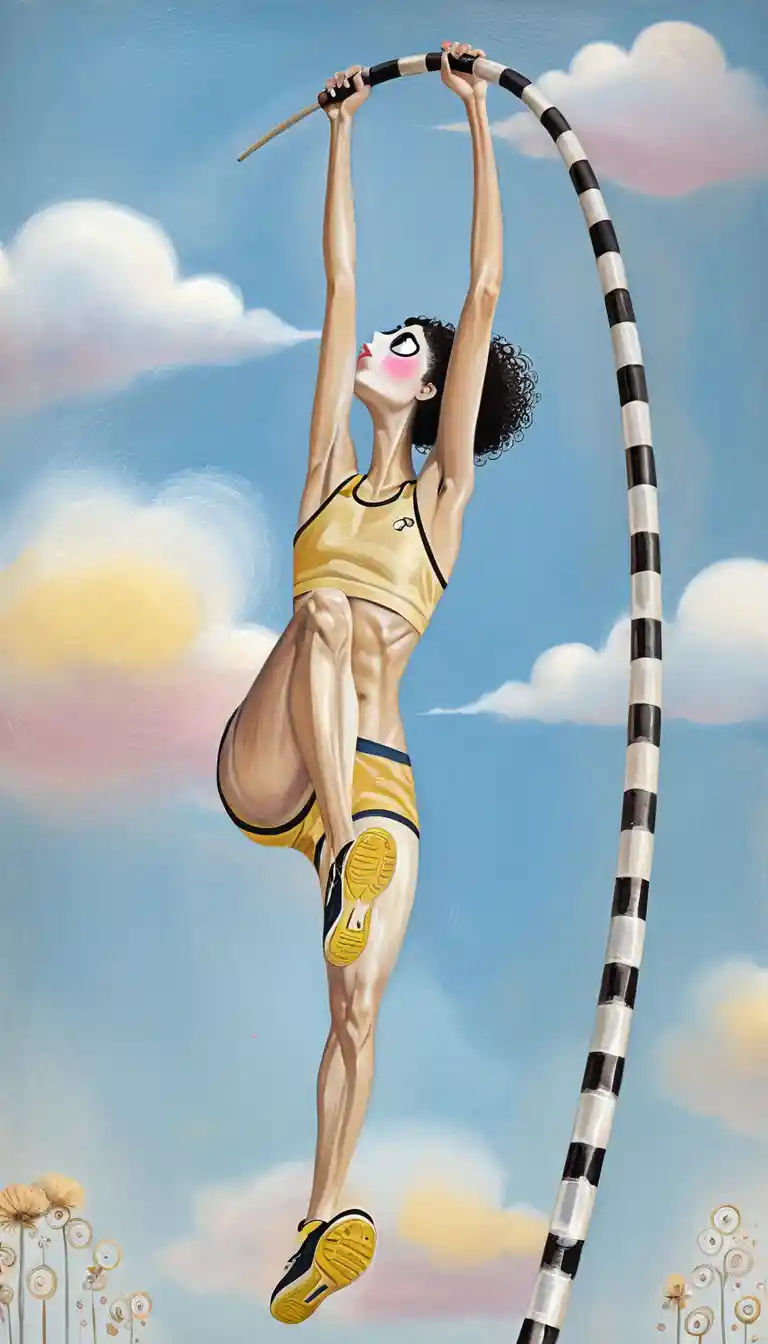 Stylized woman pole vaulter soaring through pastel sky