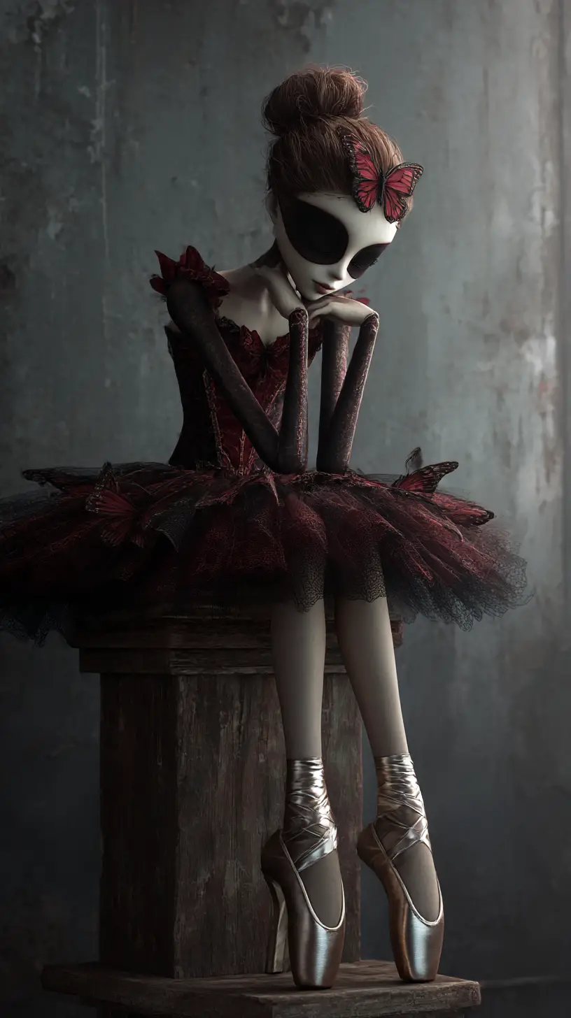 Ballerina gotica malinconica su uno sgabello di legno consunto