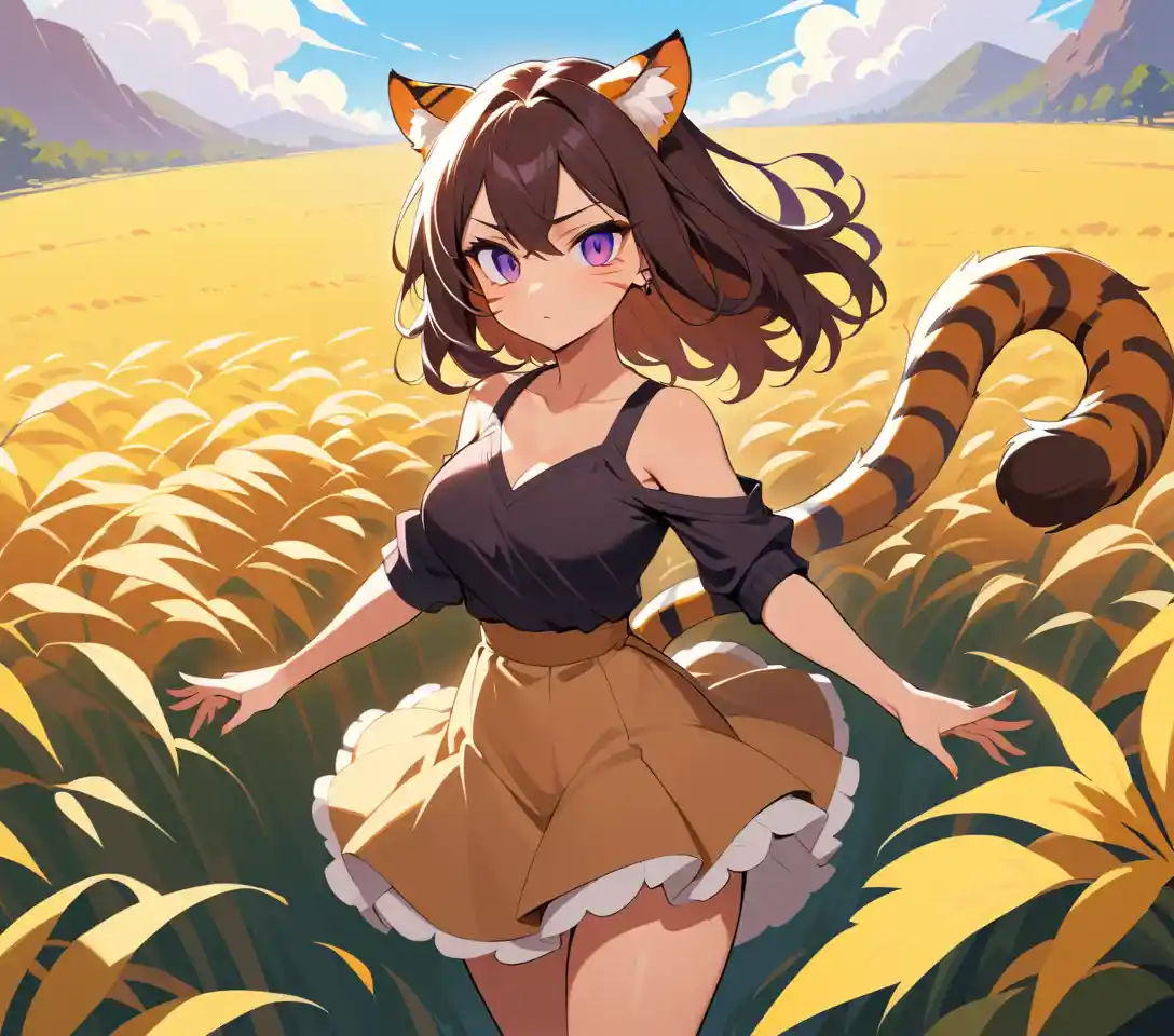 Warrior tigress woman in a golden cotton field