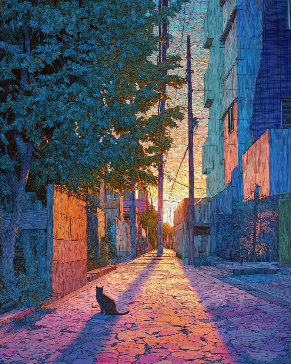 Gato gigante em um caminho urbano silencioso ao nascer do sol de verão