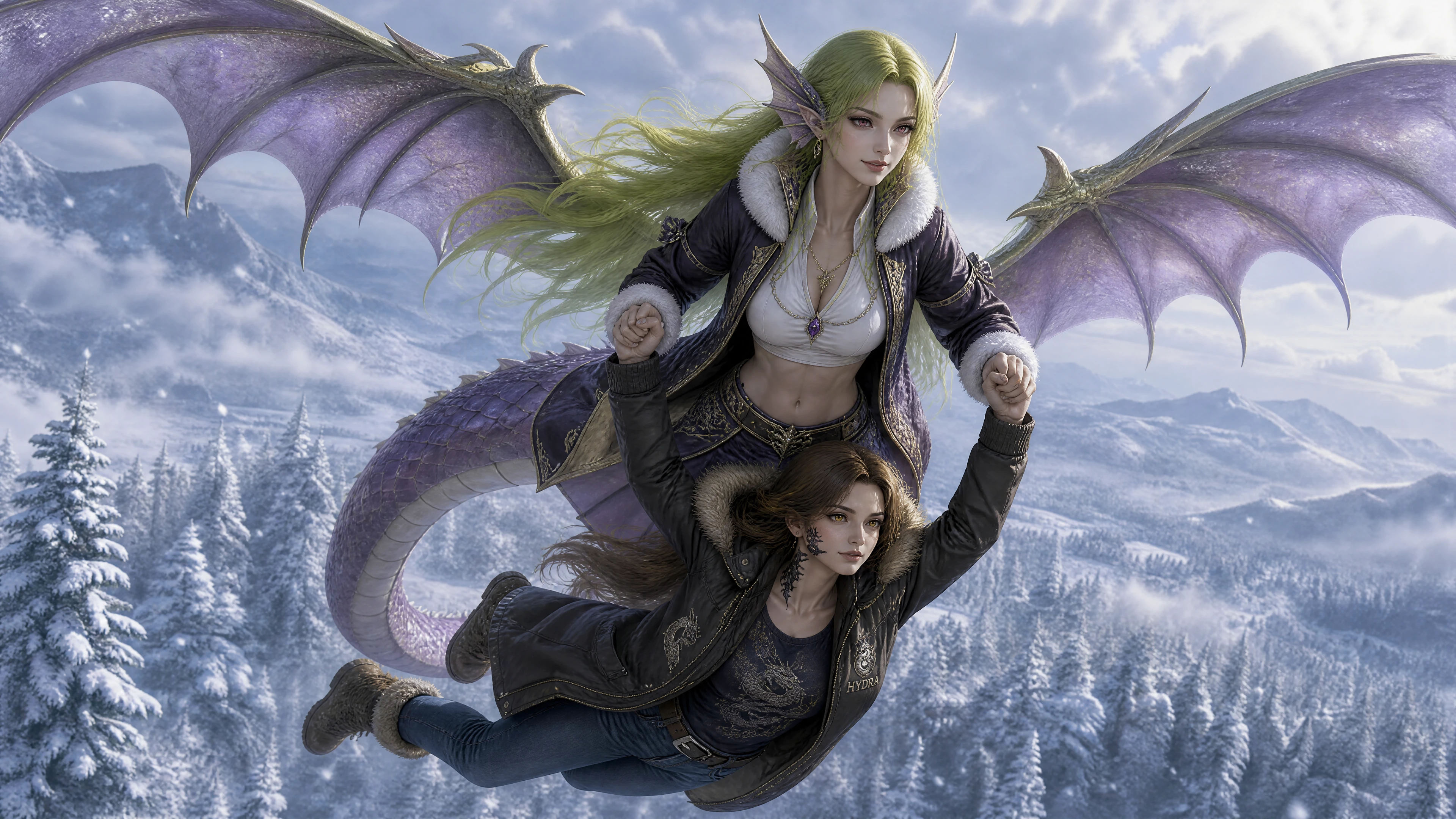 雪の冬の森の上を飛ぶ翼を持つドラゴンの女性