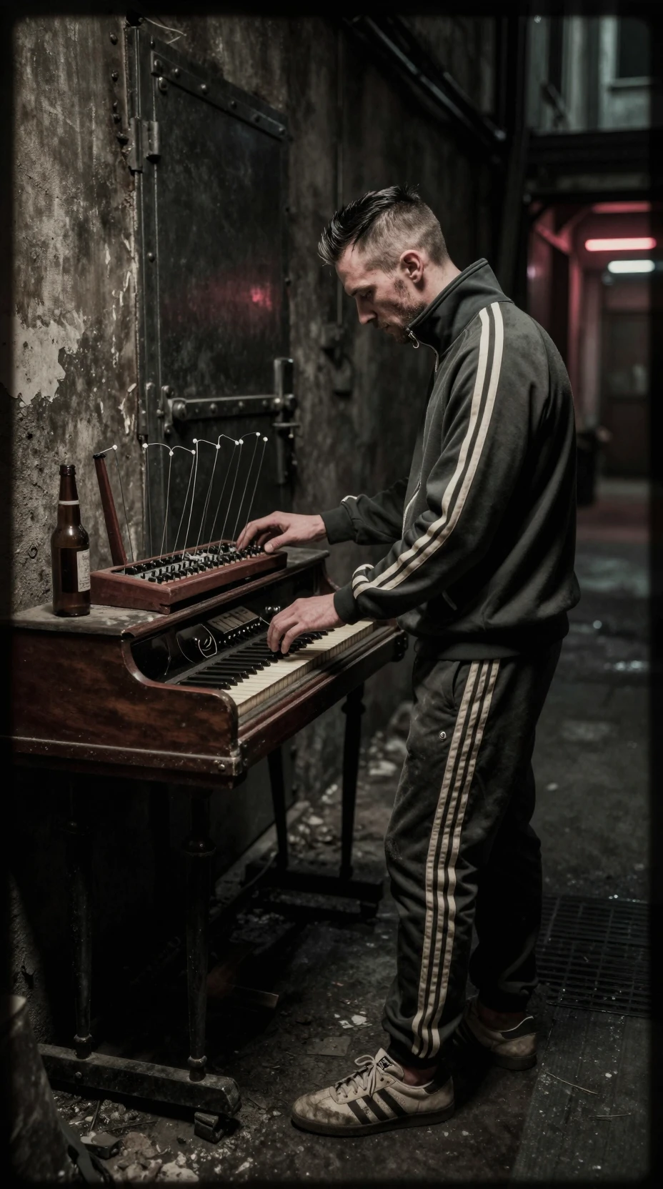 Homem tocando cravo e theremin em beco escuro
