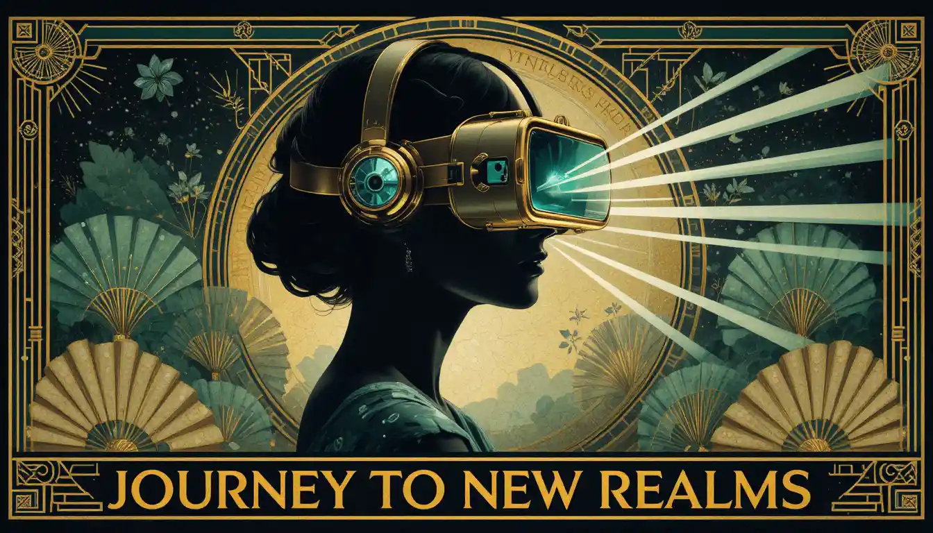 Art Deco flapper silhouette wearing a futuristic VR headset