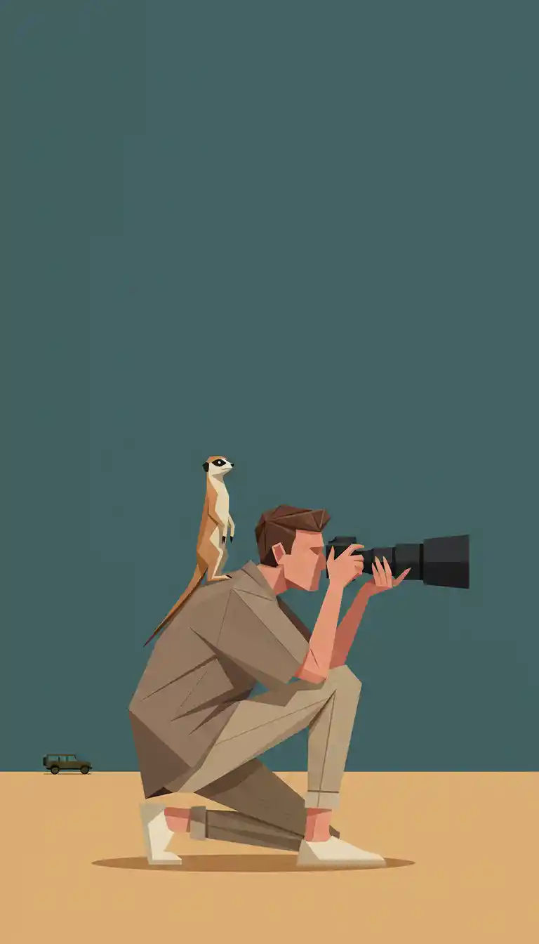 Origami style wildlife photographer with meerkat in sparse desert