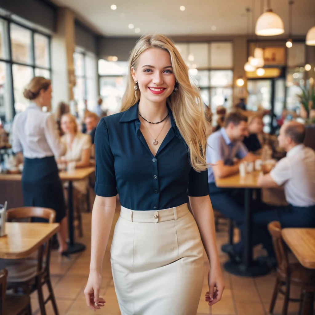 Jovem loira entrando em um café movimentado na cidade