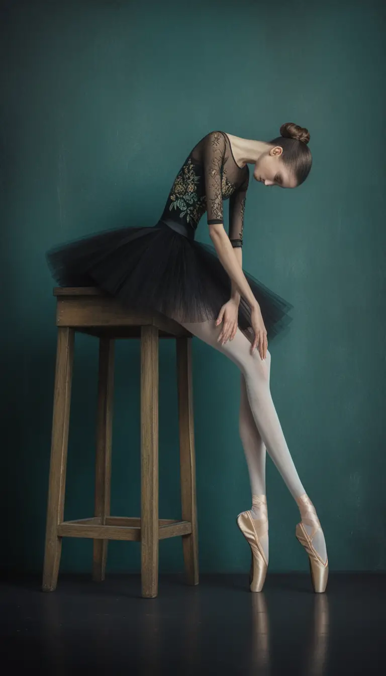 Surreale Ballerina auf einem Hocker im dunkel-türkisen Raum