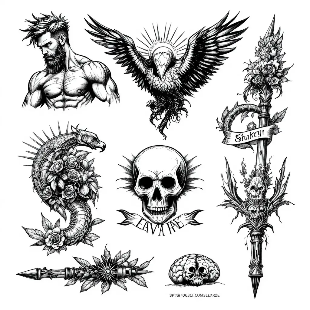 Bold black and white tattoo flash with wild man and eagle