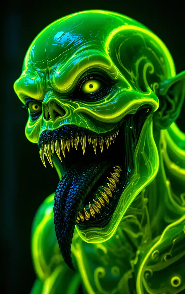 Grotesque lime green monster with razor metal teeth