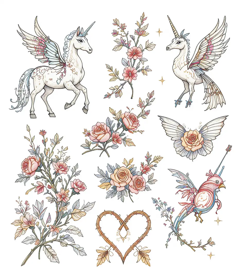 Illustrations de licorne et de fleurs style tatouage sur fond blanc