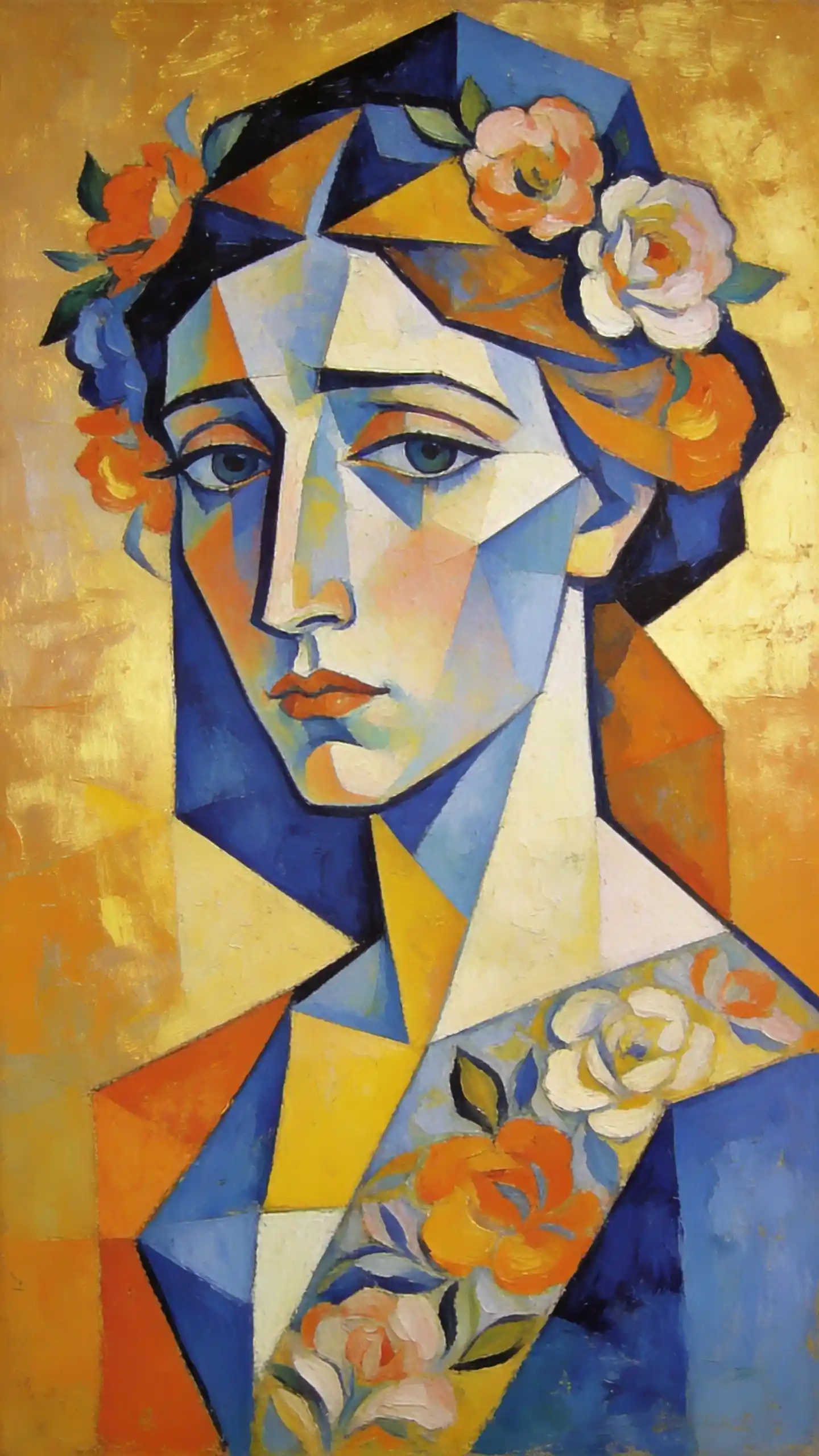 Sad woman with flowers in her hair in golden oil painting