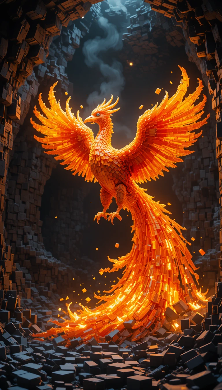 Phoenix of fire bricks soaring inside a dark block cave