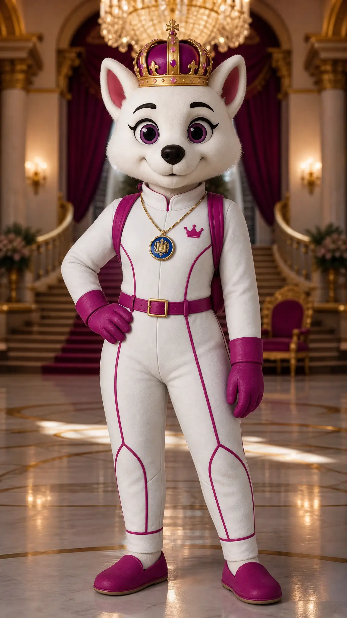 Dog mascot princess standing upright in royal white outfit