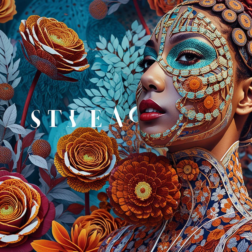 Retrato de moda em close de mulher negra com maquiagem floral