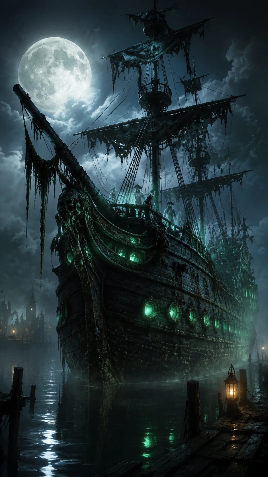 Ghostly galleon in a moonlit misty harbor at night