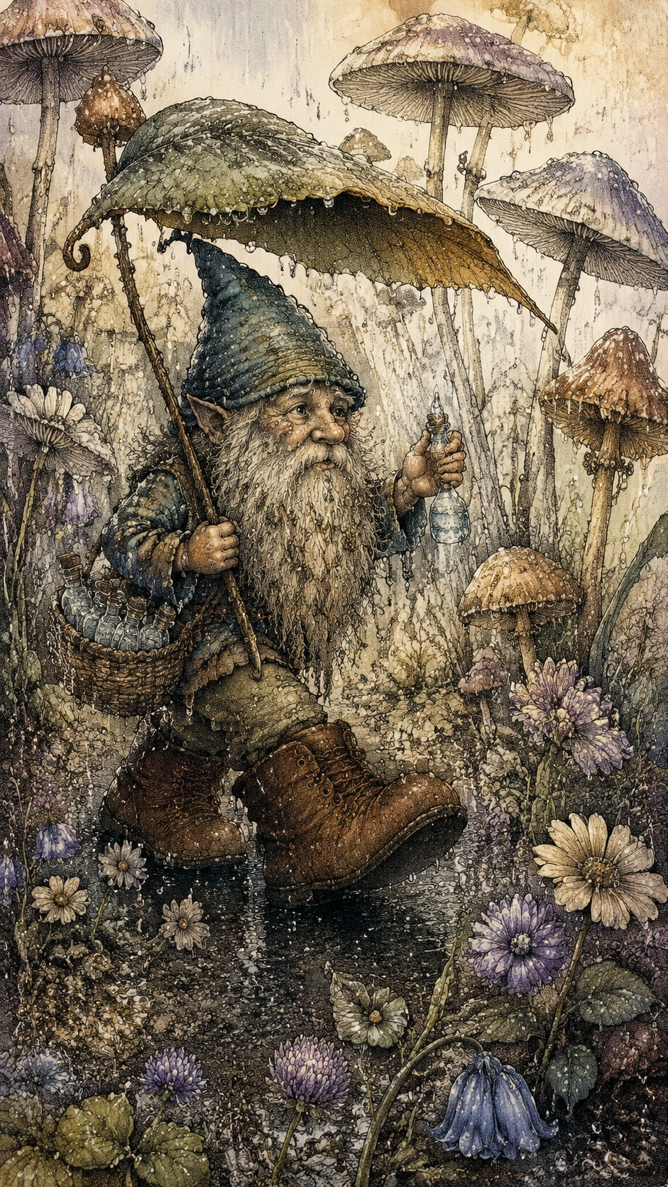 Minuscule gnome récoltant des gouttes de pluie dans un pré détrempé