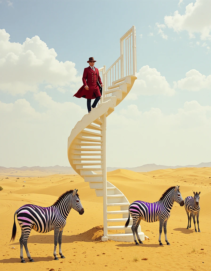 Homem subindo escada em espiral em um deserto amarelo surreal