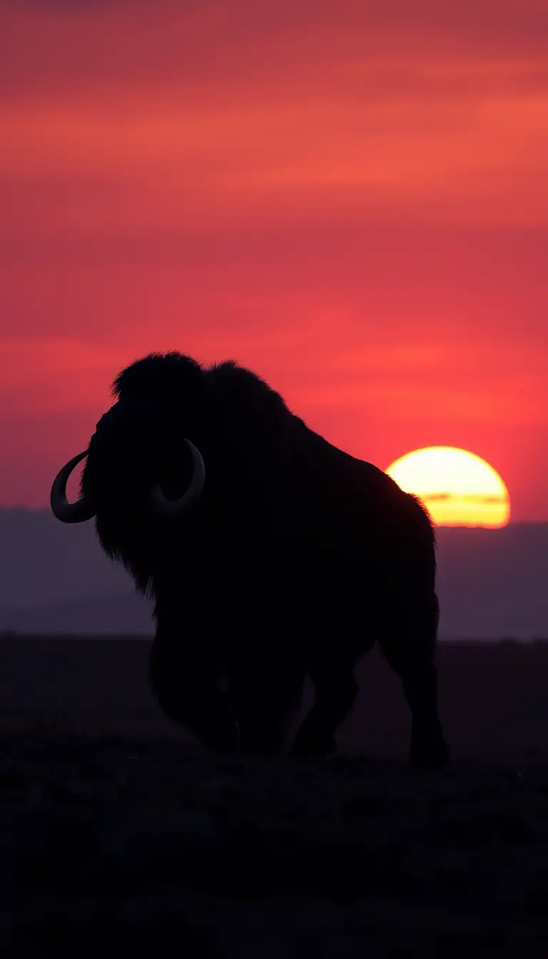 Einsames Mammut überquert eine karge Ebene bei Sonnenuntergang