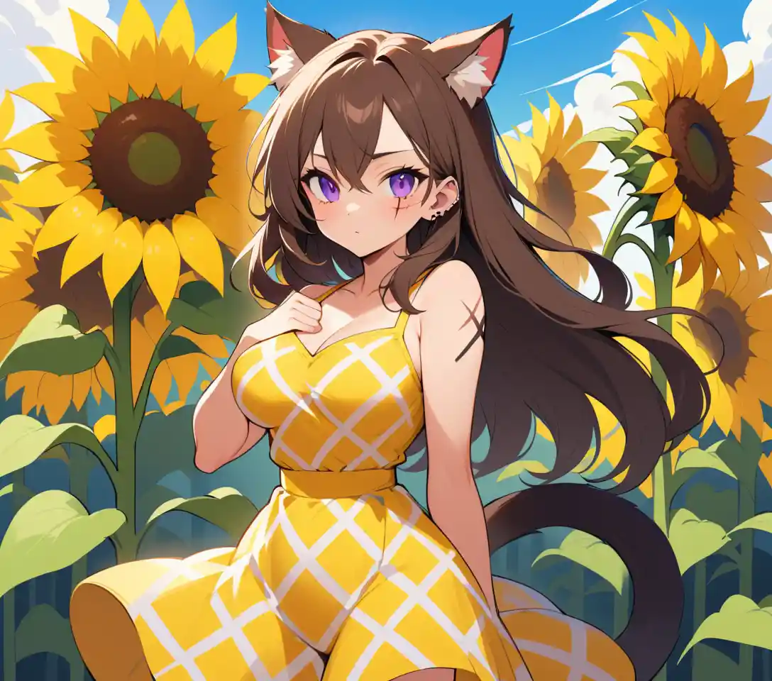 Scarred cat eared woman in a bright sunflower field