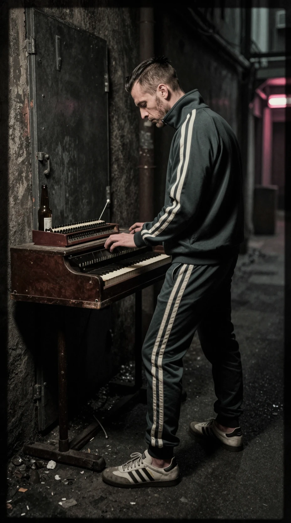 Man playing harpsichord and theremin in neon lit alley