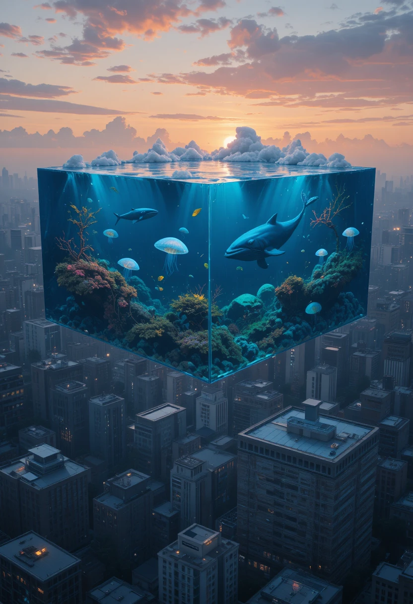 Gigantesco aquário flutuante sobre uma cidade moderna ao pôr do sol
