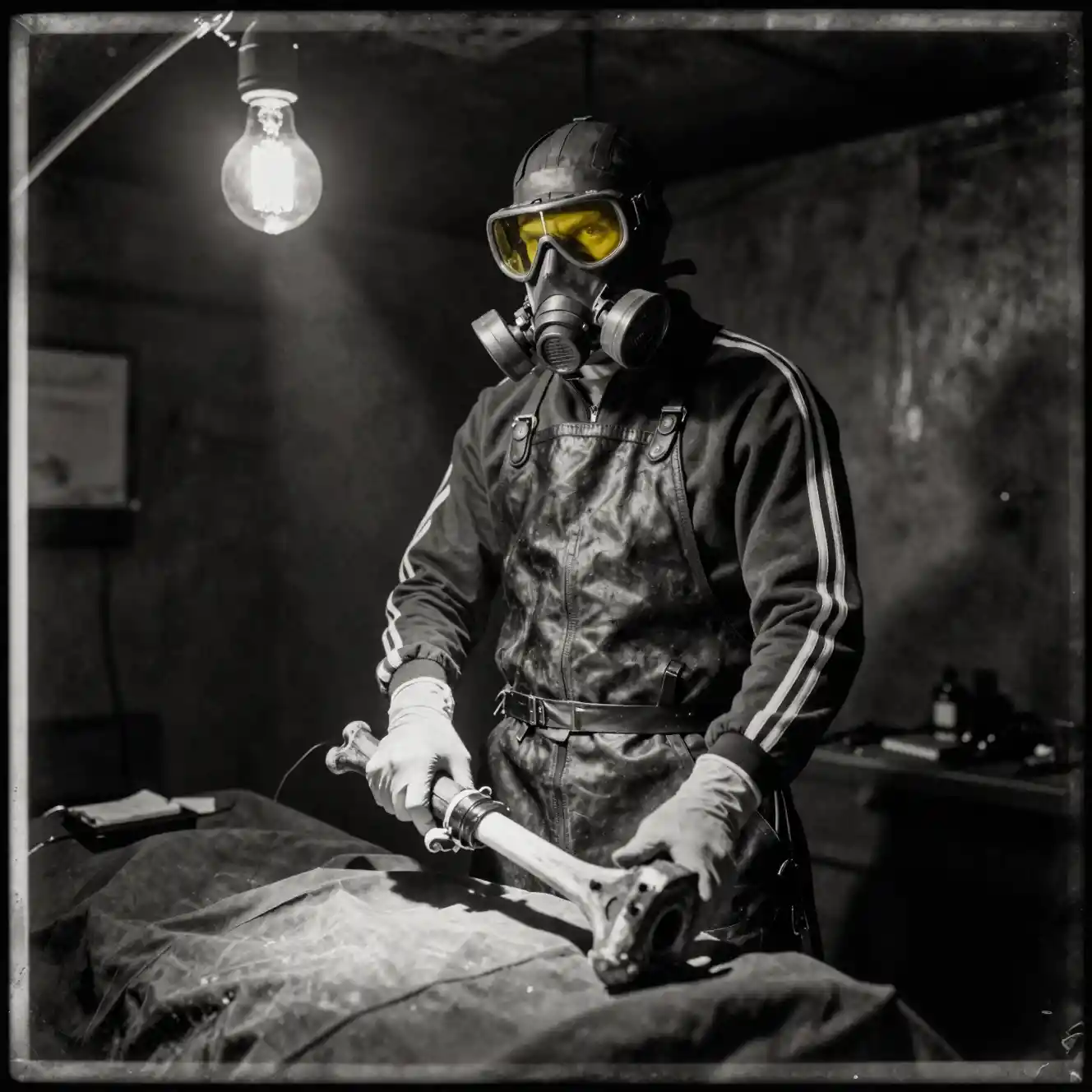 Masked surgeon over table in gritty monochrome bunker