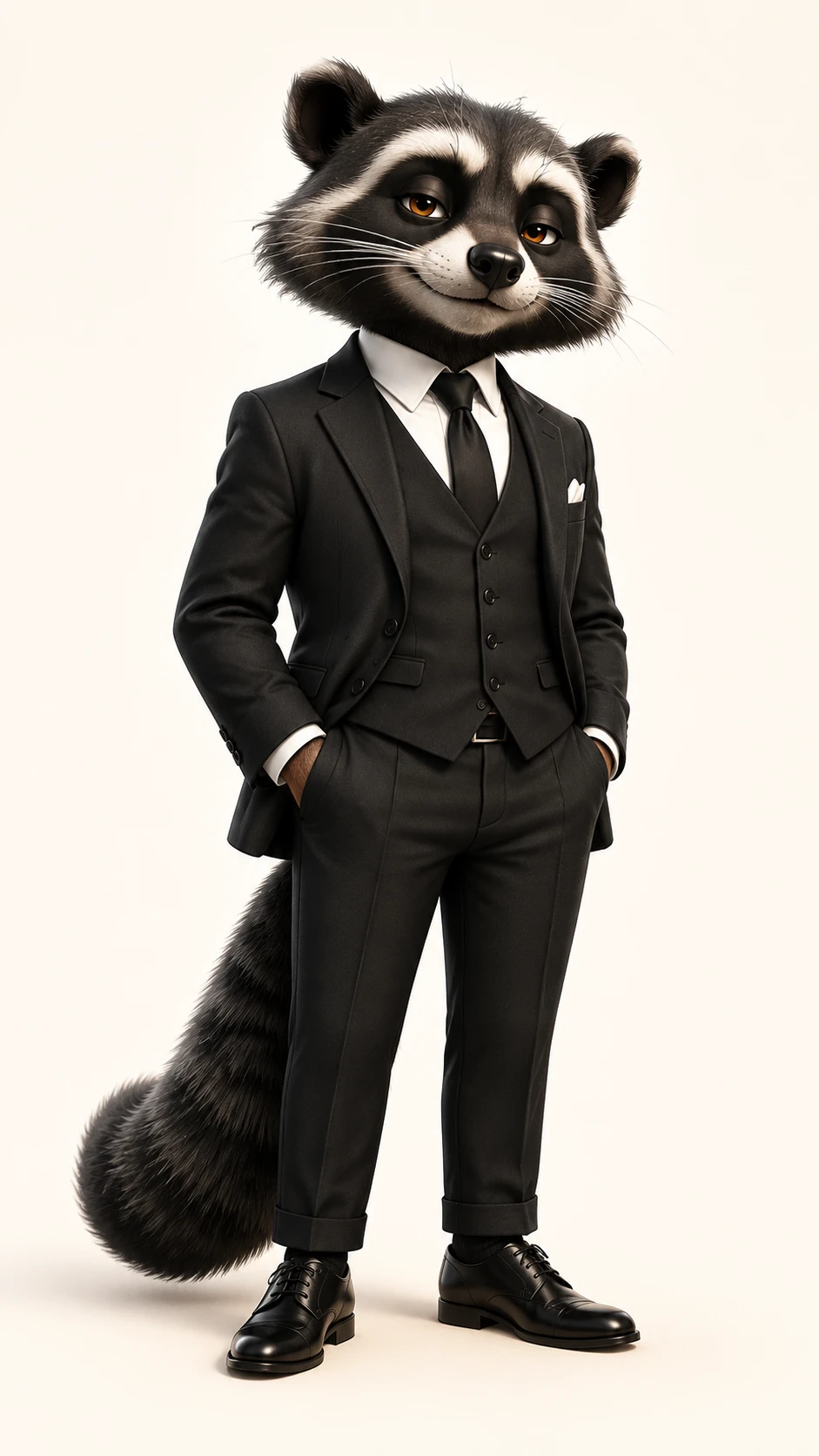Binturong confiant en costume noir sur fond crème
