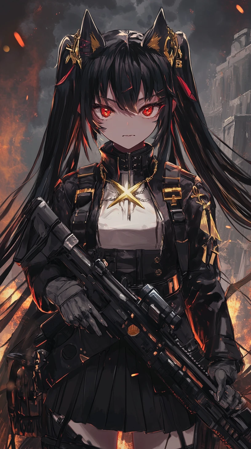 Ragazza anime armata in una zona di guerra di una città in rovina