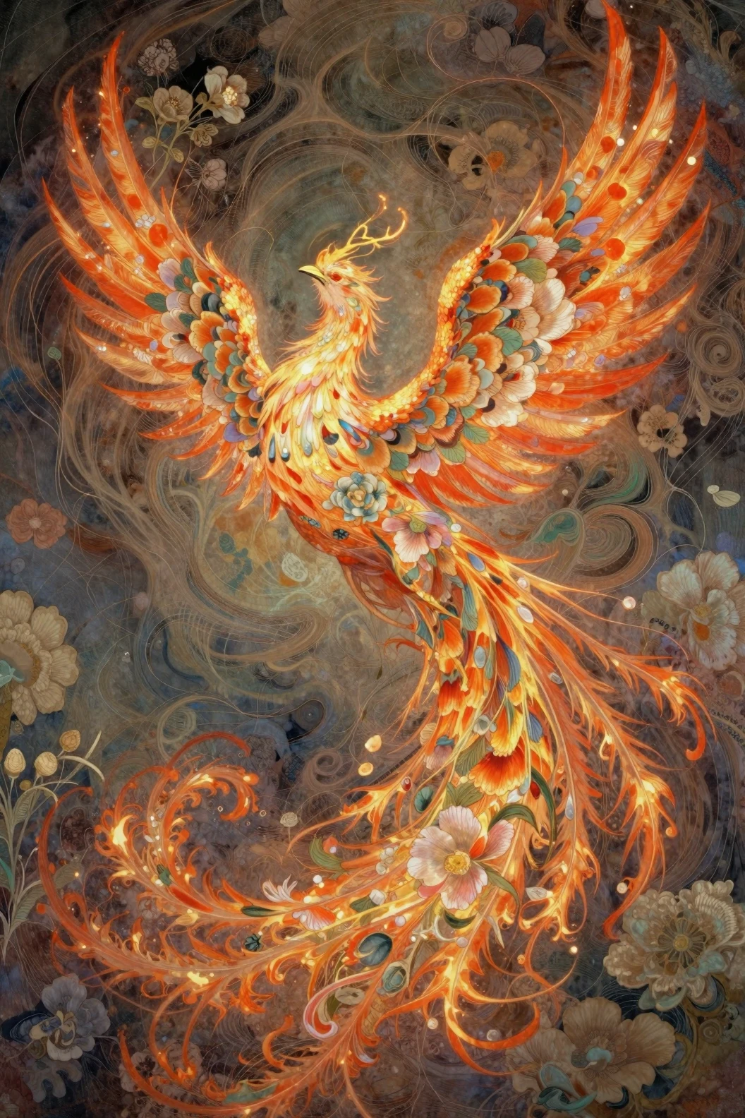 Phénix mystique renaissant de ses cendres en fusion florale