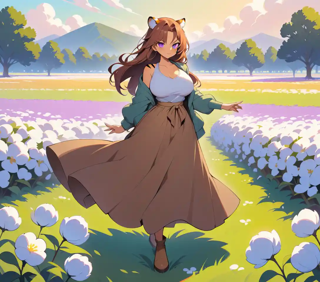 Scarred violet eyed woman standing in a rustic cotton field