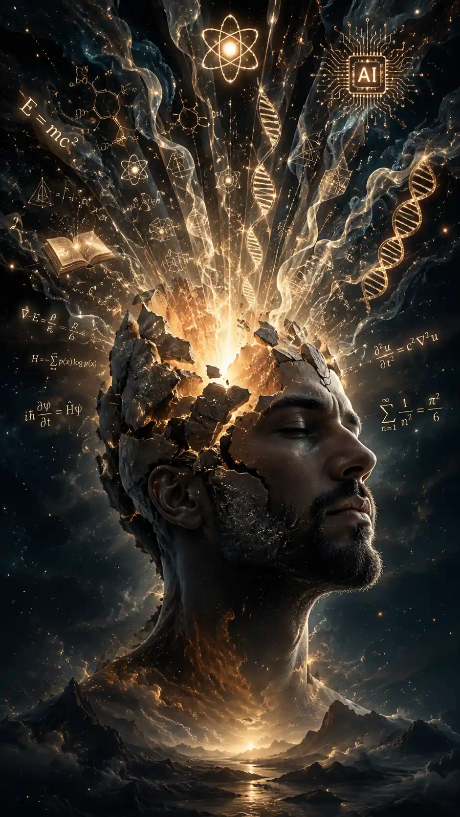 Double exposure portrait of a man with glowing mind