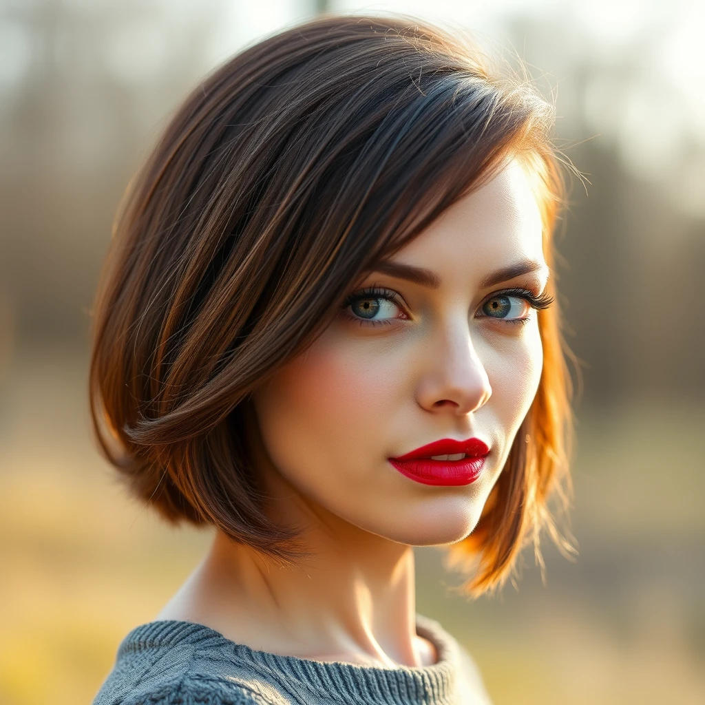 Retrato cinematográfico de uma mulher com corte bob curto