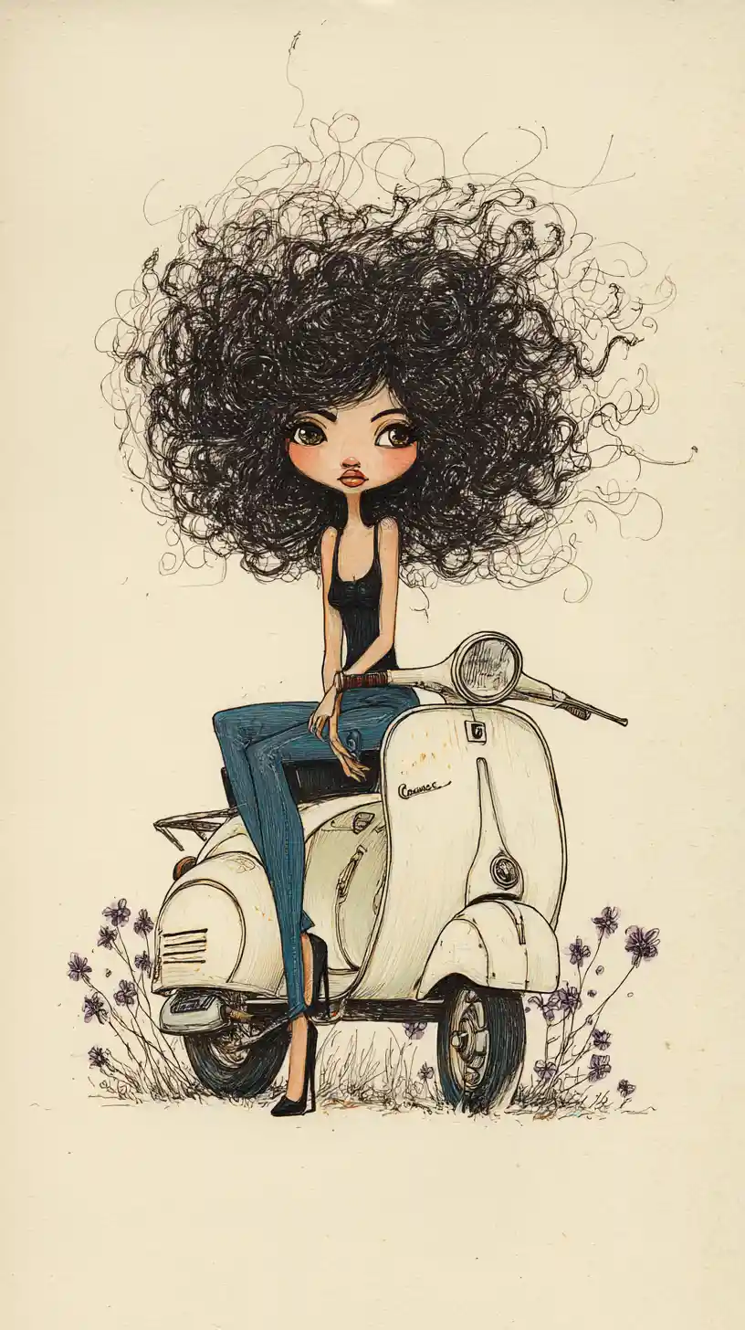 Whimsical woman on vintage scooter front view illustration