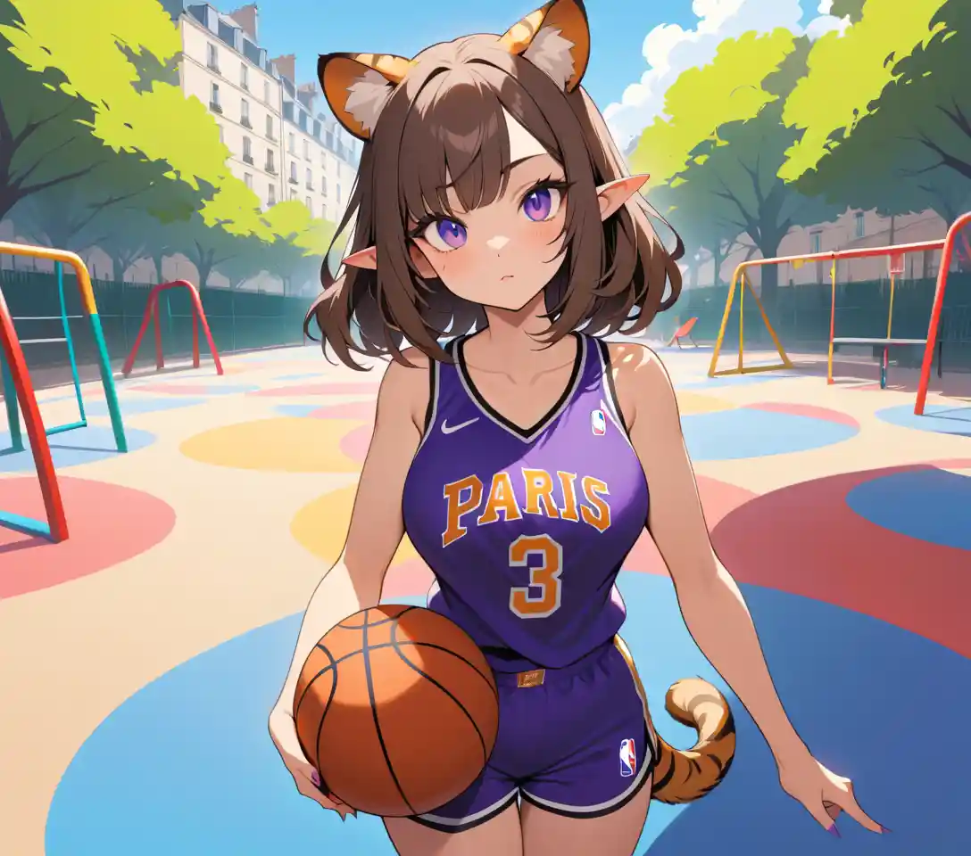 Tiger eared woman on a colorful urban basketball playground