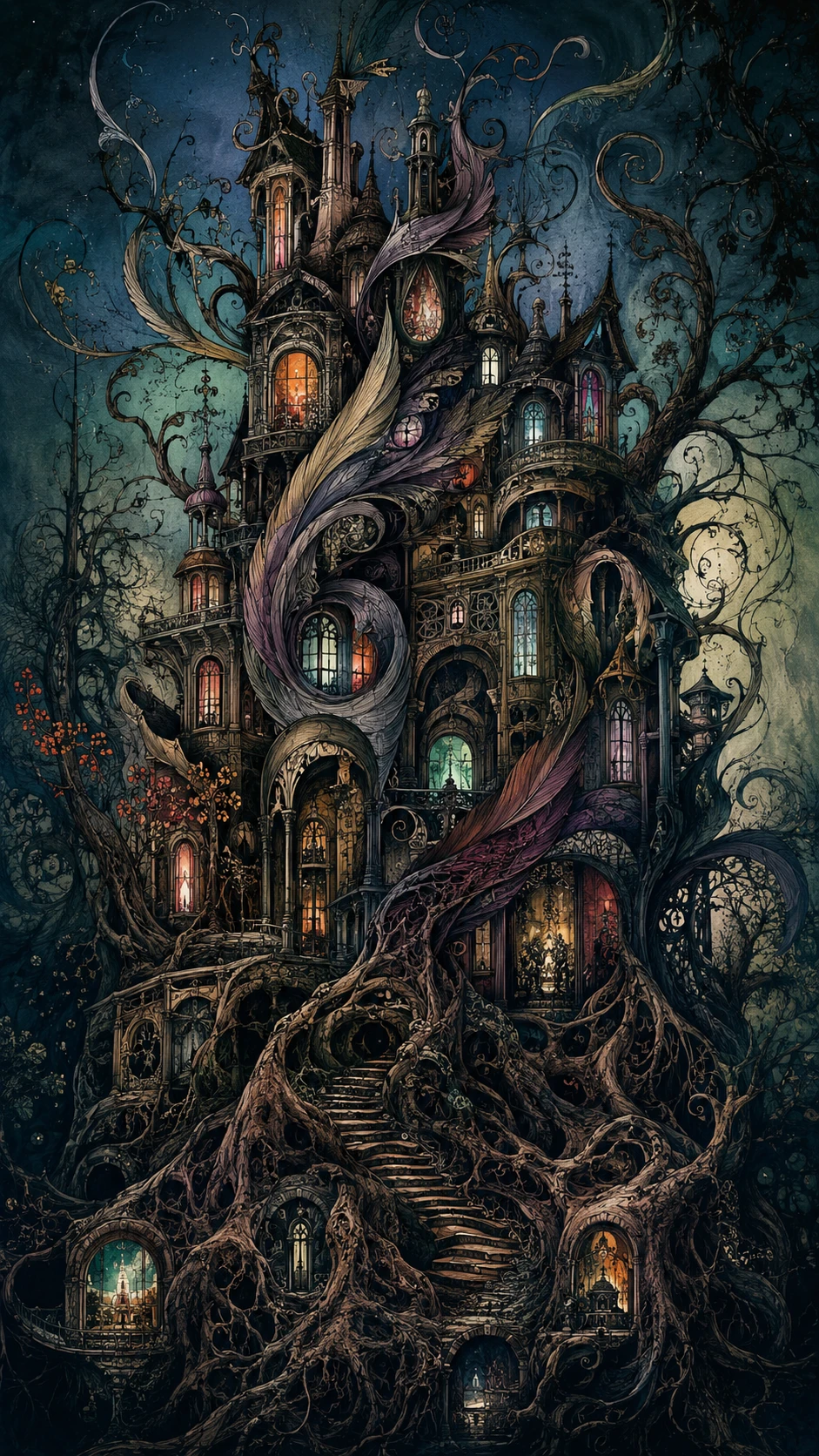 Mansão gótica surreal entrelaçada por raízes e formas orgânicas
