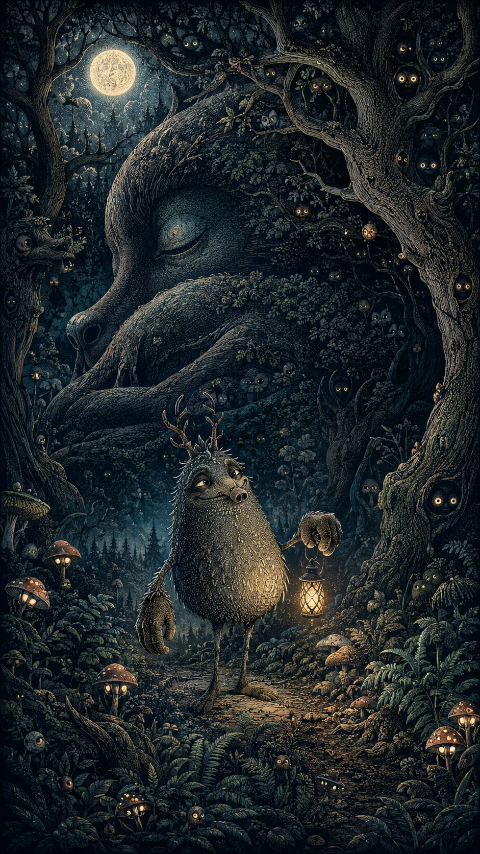 Strange forest creature with lantern in moonlit woods